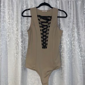 San Joy Beige Bodysuit with Black Lace-Up Front